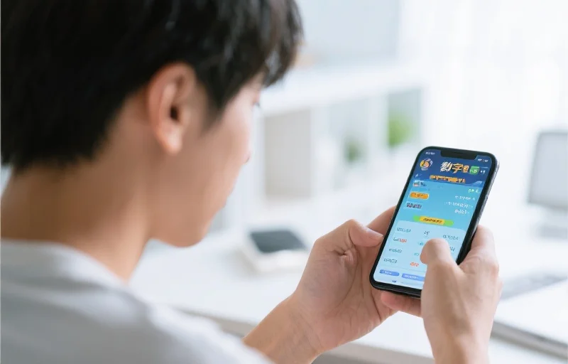 一位用户用手机查看数字型游戏官方数据，表情专注，周围环境明亮整洁